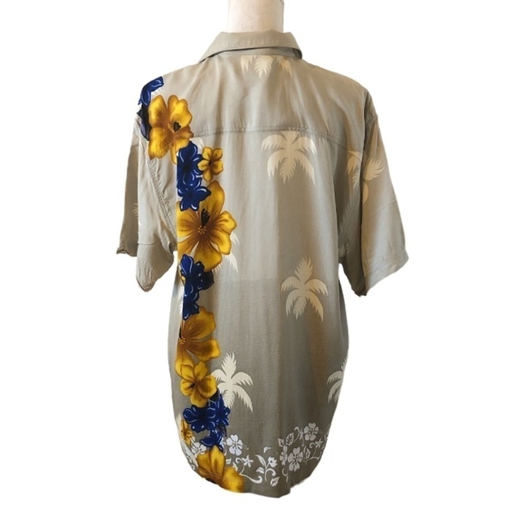 Vintage WINGO Button Shirt Men's Large Tan Blue Hawaiian Floral Short Sleeve - Picture 2 of 7